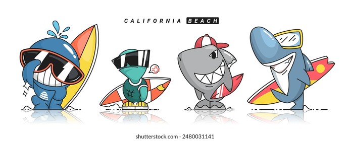 Conjunto de surfistas de animales lindos de dibujos animados, personajes dibujados a mano divertidos para niños, ilustración de dibujos animados de Vector. ballena, tortuga, tiburón y delfín sobre Vector de fondo blanco.