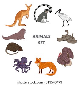 Cartoon cute Animals vector set. Isolated vector illustration hand-drawn style. Sticker, card, print, postcard, poster,  background. Kangaroo,lemur,ibis,rattlesnake, turkey, fox,octopus,nutria,walrus