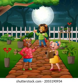 Cartoon cute animals wearing clothes in a park