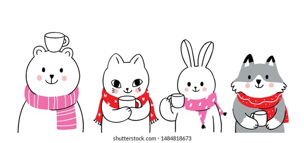 Cartoon cute animals winter, Bear and rabbit and cat and fox drink coffee vector.