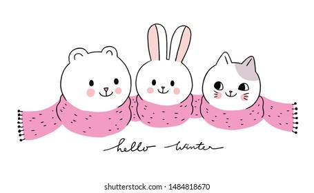 Cartoon cute animals winter, Polar bear and rabbit and cat vector.