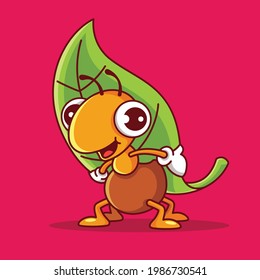 Cartoon cute ant character with big eyes carrying big green leaf. Vector mascot