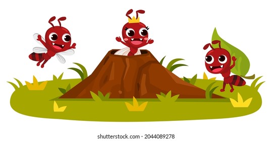 Cartoon süße Ameisenkolonie mit Anthill. Ant Nester. Blätter tragen. Vektorgrafik einzeln.