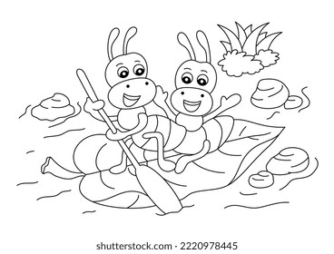 cartoon cute ant with leaves for coloring page