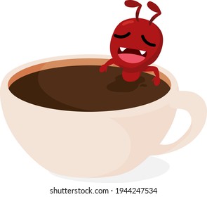 Caricatura linda hormiga relajándose en una taza de café. hormiga roja. Ilustración vectorial aislada.