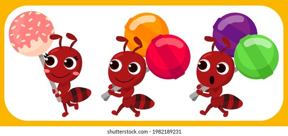 Cartoon cute ant set. Ant carrying candy stick. Ant with sugar. Vector illustration isolated.
