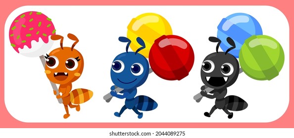 Cartoon cute ant set. Ant carrying candy stick. Ant with sugar colorful set. Vector illustration isolated.