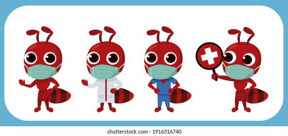 Cartoon cute ant set. Red ant. Ant doctor. Surgical mask. Vector illustration isolated.