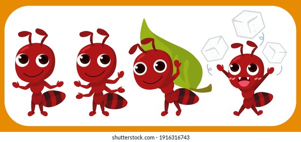 Cartoon cute ant set. Red ant. Ant carrying leaf. Vector illustration isolated.