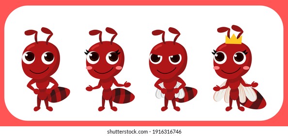 Cartoon cute ant set. Red ant. Queen ant. Female and Male ant with wing. Vector illustration isolated.