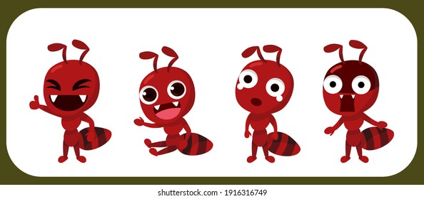 Cartoon cute ant set. Red ant. Ant emotion. Vector illustration isolated.