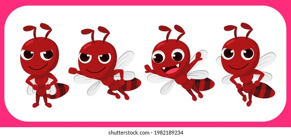 Cartoon cute ant set. Red Male ant with wing flying. Soldier ant. Vector illustration isolated.