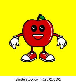 cartoon cute apple fruit, mascot, kawaii, character vector illustration