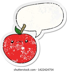 cartoon cute apple with speech bubble distressed distressed old sticker