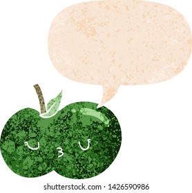 cartoon cute apple with speech bubble in grunge distressed retro textured style