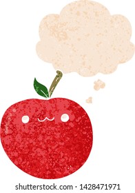 cartoon cute apple with thought bubble in grunge distressed retro textured style