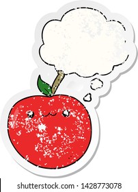 caricatura manzana linda con burbuja mental como pegatina gastada angustiada