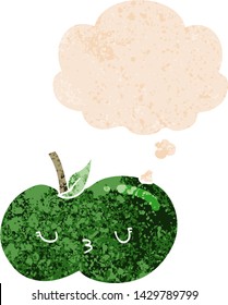 cartoon cute apple with thought bubble in grunge distressed retro textured style