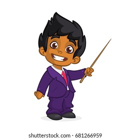 Cartoon cute arab  boy dressed up in a mans business blue suit presenting with pointer. Vector illustration of afro-american or indian boy presenting. Vector isolated. Outlines