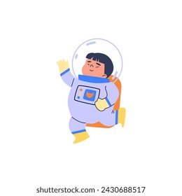 Cartoon cute Asian boy wearing astronaut costume, greeting waves hand vector flat illustration. Funny flying cosmonaut Japanese kid isolated on white. Childish spacesuit outfit with helmet