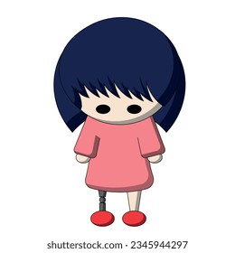 Cartoon cute Asian girl with prosthetic leg in color