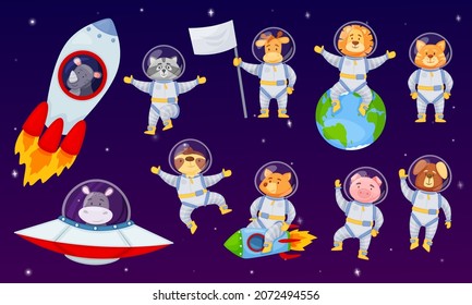 Cartoon cute astronaut animals in spacesuits flying in space. Funny animal characters in rocket or spaceship, lion, fox astronauts vector set. Discovering galaxy and planet in rocket