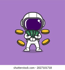 caricatura astronauta lindo contando el dinero ama el dinero. ilustración vectorial para el logotipo o accesorios de mascota