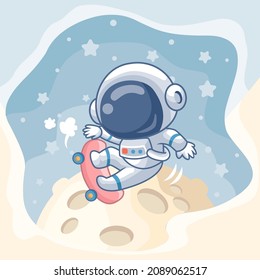 Cartoon cute astronaut skateboarding on the moon isolated beautiful space scenery background