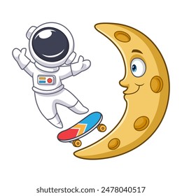 Cartoon cute astronaut skateboarding on the moon