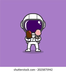 cartoon cute astronaut with two ice creams in hand. vector illustration for children or mascot logo