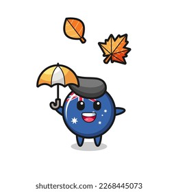 cartoon of the cute australia flag badge holding an umbrella in autumn , cute style design for t shirt, sticker, logo element