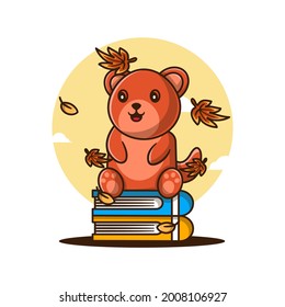 Cartoon Cute Autumn Bear with Book Vector Illustrations. Autumn Day Icon Concept