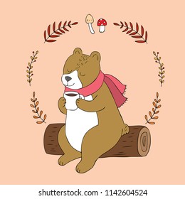 Cartoon cute Autumn bear drink coffee on timber vector.