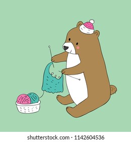 Cartoon cute Autumn brown bear knitting vector.