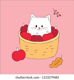 Cartoon cute Autumn cat in basket apple vector.