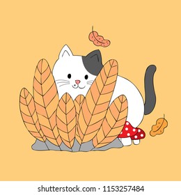 Cartoon cute Autumn cat behind bush vector.