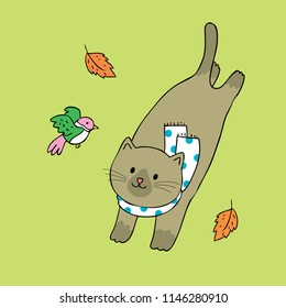 Cartoon cute Autumn cat and bird vector.