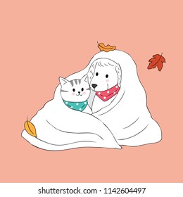 Cartoon cute Autumn cat and dog in blanket vector.