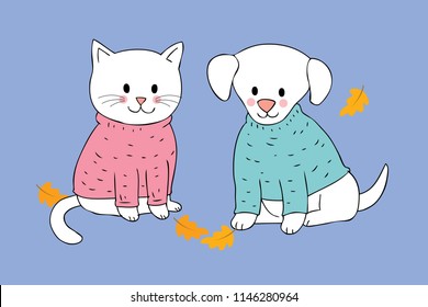 Cartoon cute Autumn cat and dog vector.