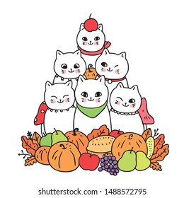 Cartoon cute Autumn, cat and fruits vector.