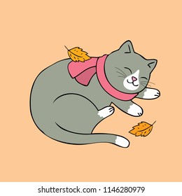 Cartoon cute Autumn cat sleeping vector.
