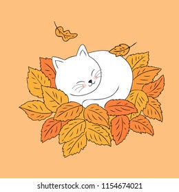 Cartoon cute Autumn cat sleeping on leaves vector.