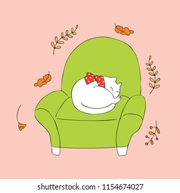 Cartoon cute Autumn cat sleeping vector.