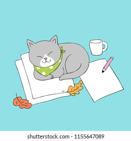 Cartoon cute Autumn cat sleeping on paper vector.