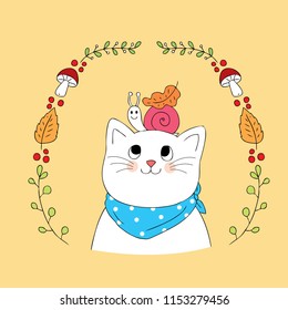 Cartoon cute Autumn cat and snail vector.