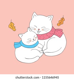 Cartoon cute Autumn cats hugging vector.