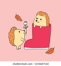 Cartoon cute Autumn couple hedgehogs vector.