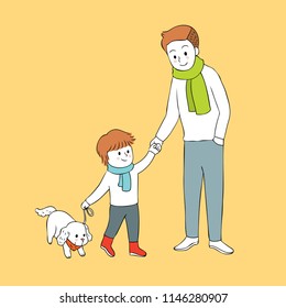 Cartoon cute Autumn dad and son and dog vector.