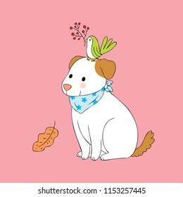 Cartoon cute Autumn dog and bird vector.