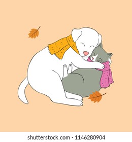 Cartoon cute Autumn dog and cat hugging vector.